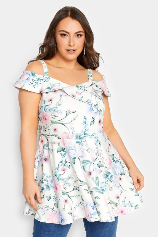 YOURS LONDON Plus Size White Floral Bardot Peplum Top | Yours Clothing 1