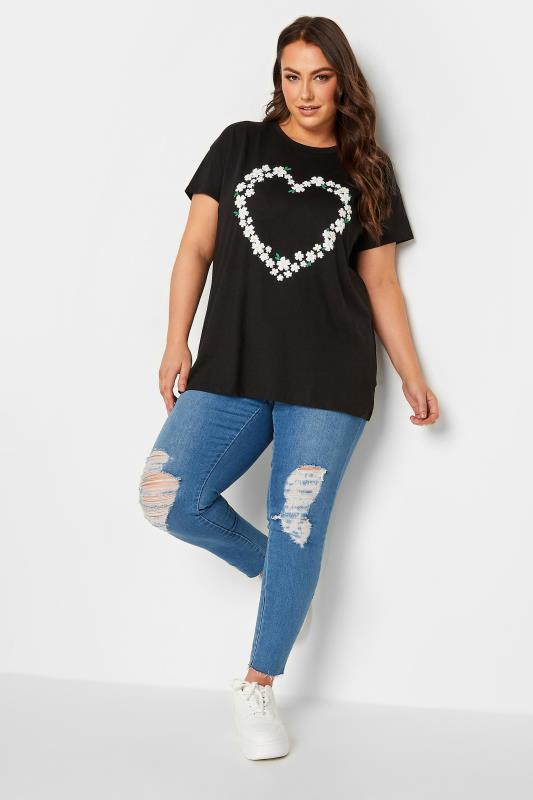 YOURS Plus Size Curve Black Daisy Heart Print T-Shirt | Yours Clothing  2