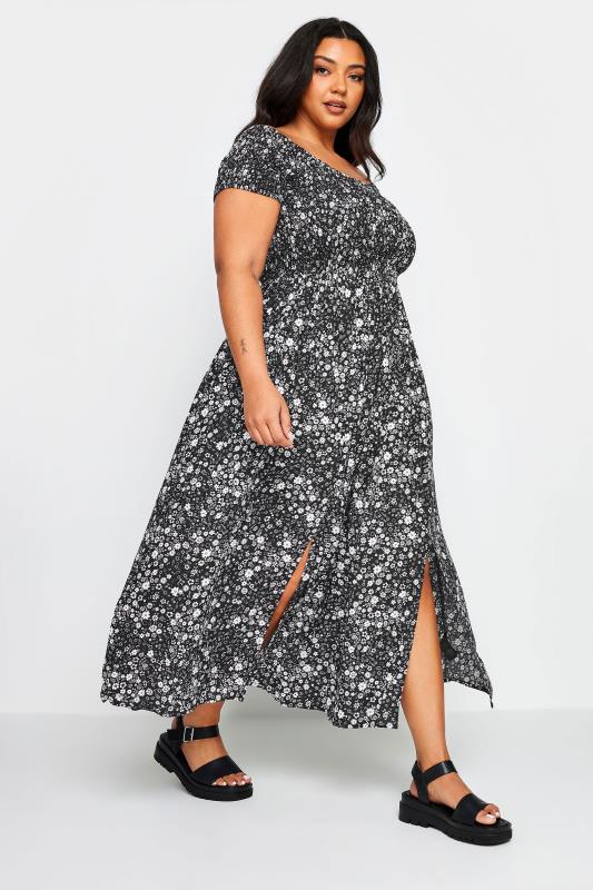 YOURS Plus Size Black Ditsy Floral Print Shirred Maxi Dress | Yours Clothing 3