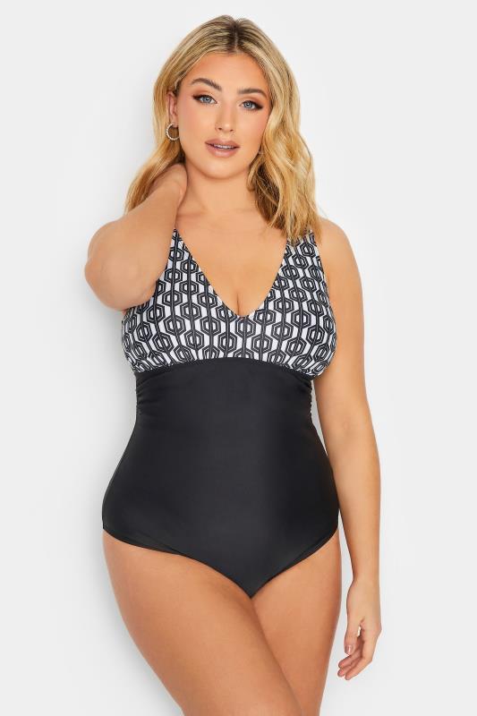 YOURS Plus Size Black Geometric Print Plunge Tummy Control Swimsuit | Yours Clothing 4