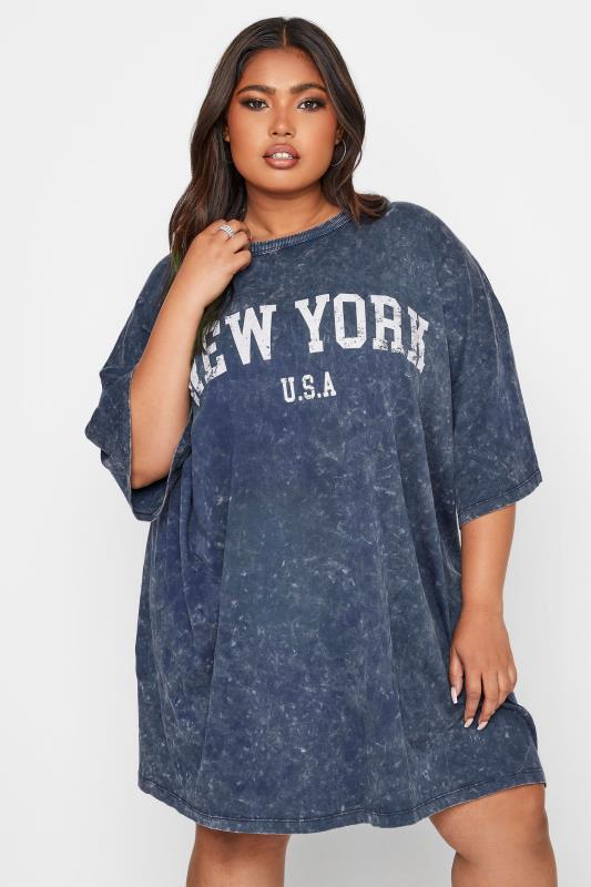 Plus Size  Curve Navy Blue Acid Wash 'New York' Oversized T-Shirt