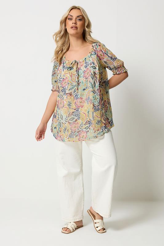 YOURS Plus Size Yellow Abstract Tie Neck Blouse | Yours Clothing 2