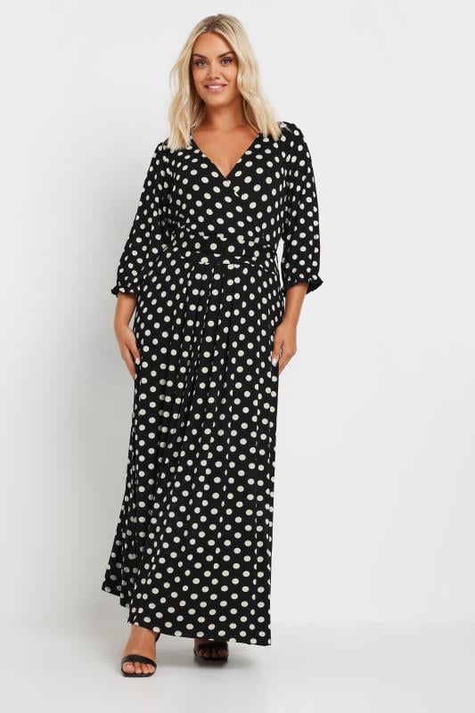 YOURS Plus Size Black Polka Dot Print Tie Waist Maxi Wrap Dress | Yours Clothing 3