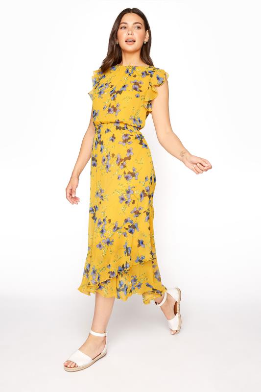 LTS Tall Yellow Shirred Waist Chiffon Midi Dress 1
