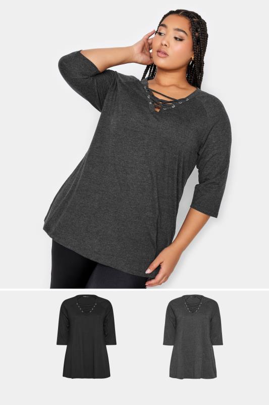 YOURS Plus Size 2 PACK Black & Charcoal Grey Lace Up Eyelet Tops | Yours Clothing 1