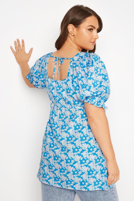 Plus Size Blue Floral Puff Sleeve Peplum Top | Yours Clothing 3
