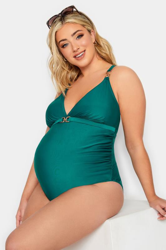 BUMP IT UP MATERNITY Plus Size Curve Emerald Green Crossback Swimsuit | Yours Clothing  2
