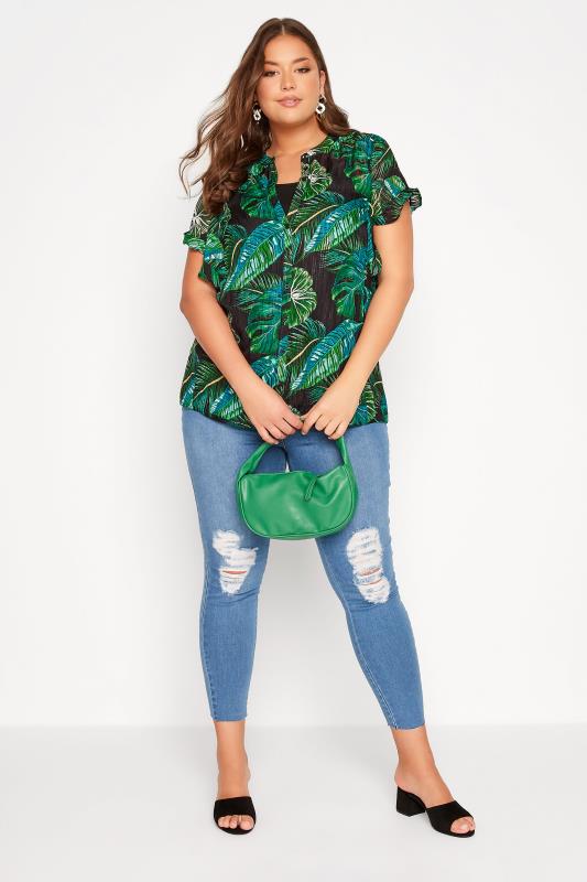 Plus Size Black & Green Leaf Print Frill Sleeve Shirt | Yours Clothing 2