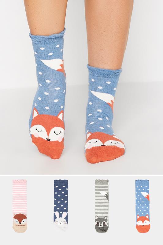 Plus Size  Yours 4 PACK Blue Woodland Animal Ankle Socks