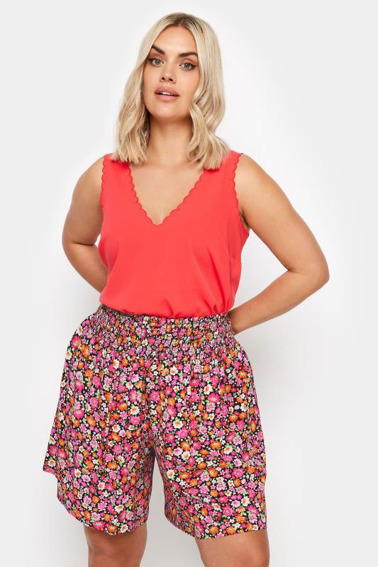 YOURS Plus Size Pink Ditsy Floral Print Shirred Shorts | Yours Clothing 1