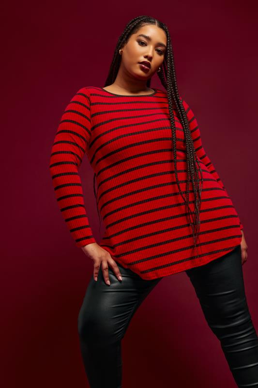 YOURS Plus Size Red Stripe Print Ribbed Swing Top | Yours Clothing 1