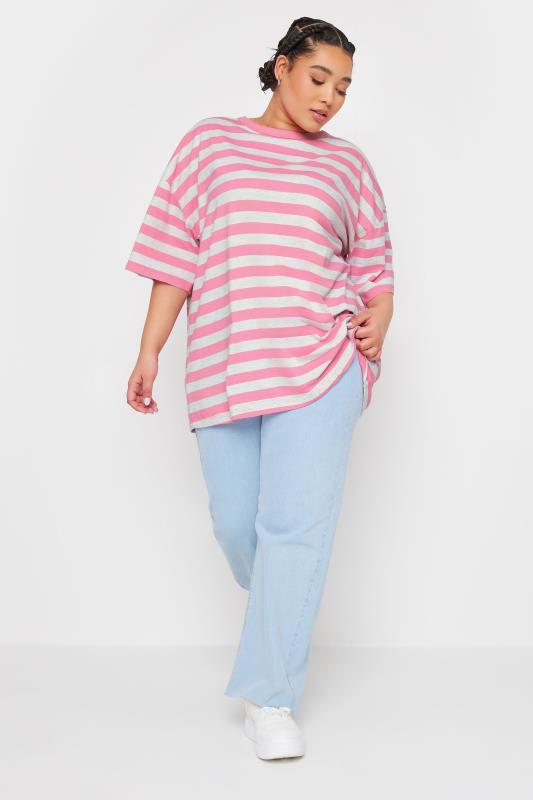 YOURS Plus Size Pink & Grey Stripe Oversized T-Shirt | Yours Clothing 2