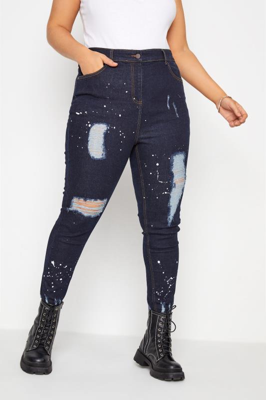 Plus Size  Blue Ripped Paint Skinny AVA Jeans