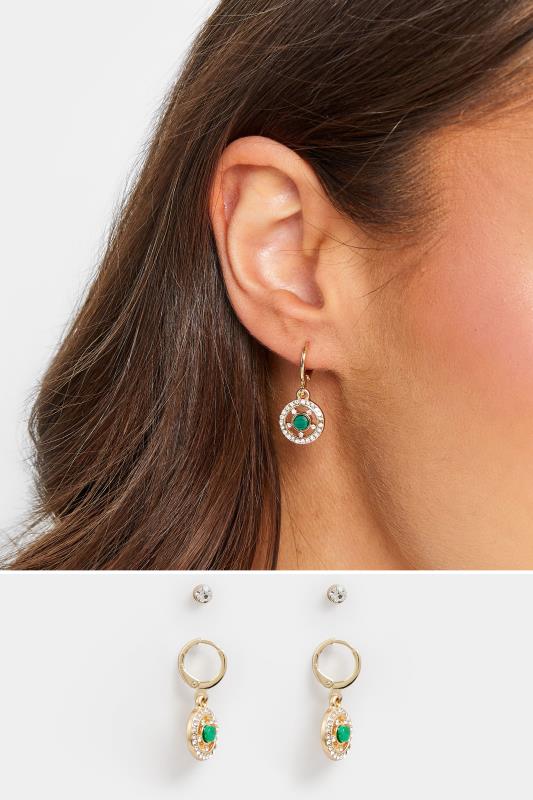 Tallas Grandes Gold & Green Diamante Stud Drop Earrings
