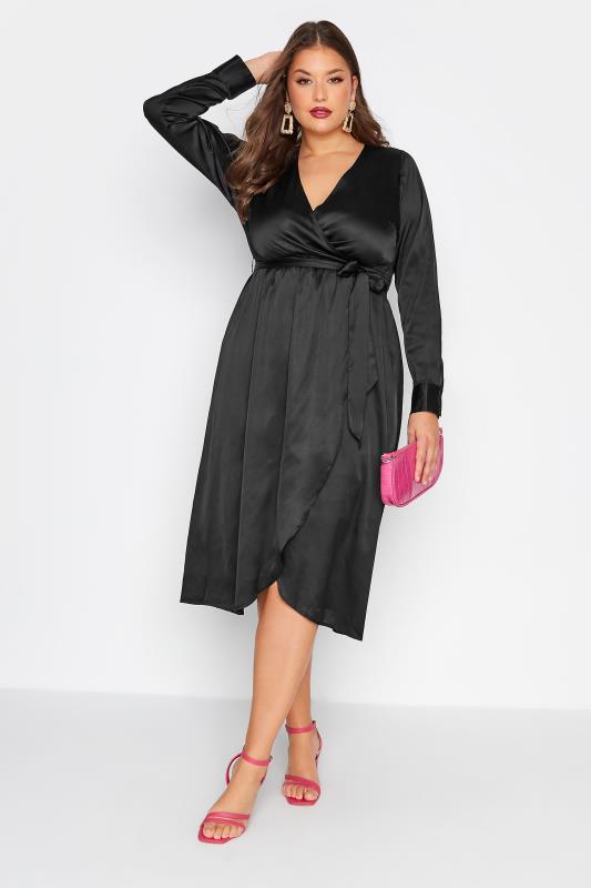 LIMITED COLLECTION Plus Size Black Satin Wrap Dress | Yours Clothing 1