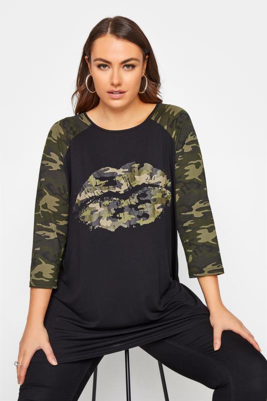 Black Camo Lips Raglan T-Shirt 