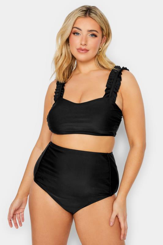 YOURS Plus Size Black Frill Strap Bikini Top | Yours Clothing 1