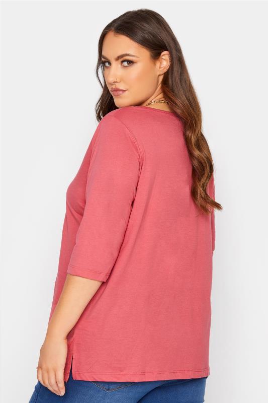 Plus Size Pink V-Neck Essential T-Shirt | Yours Clothing 3