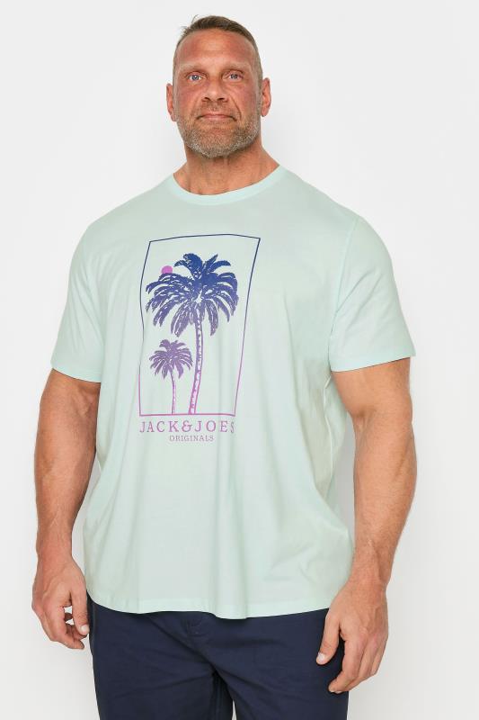 JACK & JONES Turquoise Blue Palm Short Sleeve Crew Neck T-Shirt | BadRhino 1