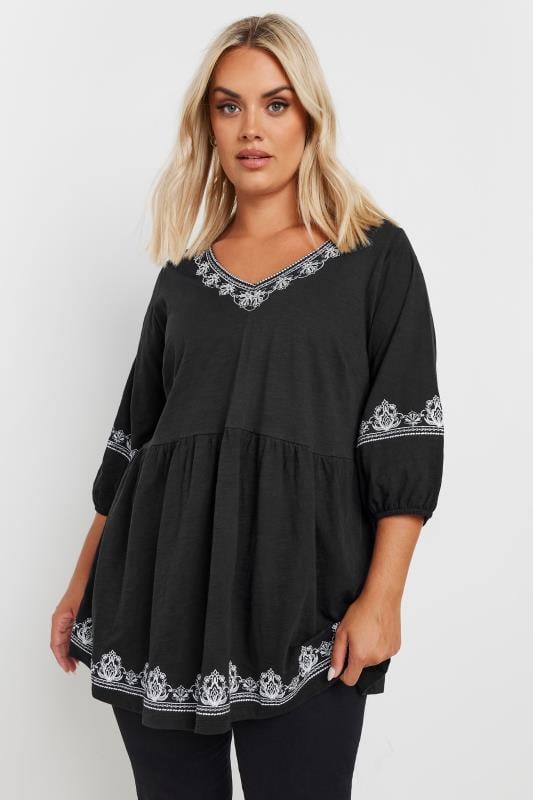  Tallas Grandes YOURS Curve Black Embroidered Floral Smock Top