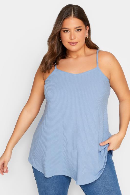 YOURS Curve Plus Size Baby Blue Ribbed Swing Cami Vest Top | Yours Clothing  1