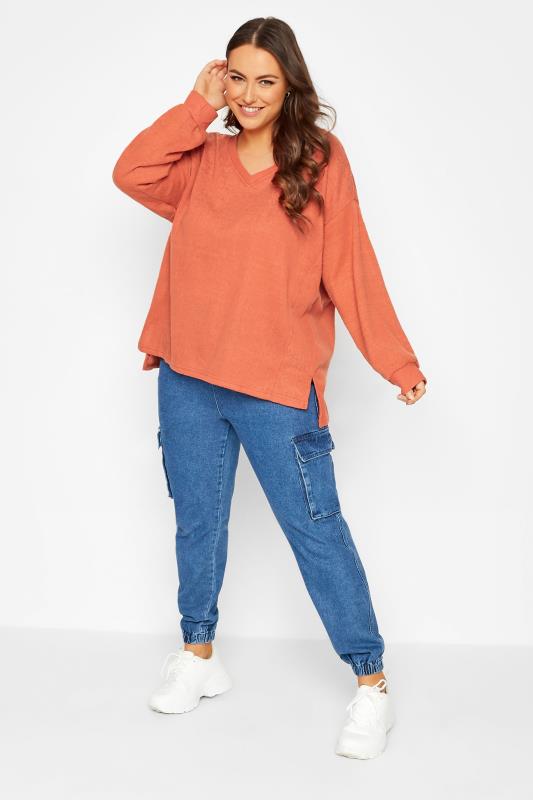 Plus Size Orange V-Neck Soft Touch Fleece Sweatshirt | Yours Clothing 2