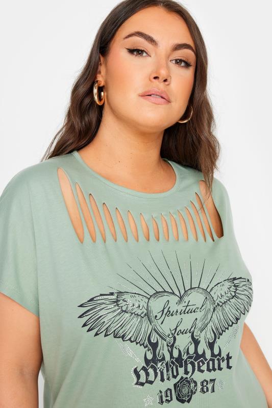 YOURS Plus Size Sage Green 'Wild Heart' Slogan T-Shirt | Yours Clothing 5