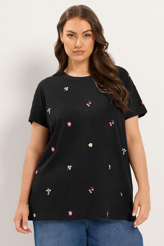 YOURS Plus Size Black Embroidery Blossom T-Shirt | Yours Clothing 1
