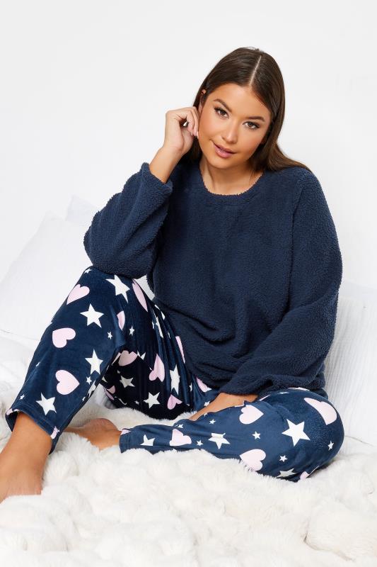 YOURS Plus Size Navy Blue Star & Heart Print Teddy Fleece Lounge Set | Yours Clothing 3