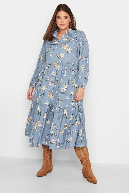 YOURS Plus Size Blue Floral Tiered Shirt Dress | Yours Clothing 1