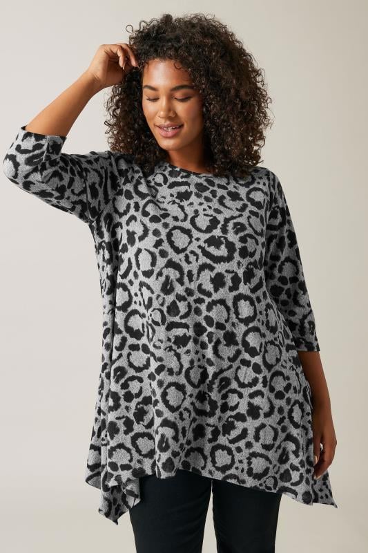 Plus Size  EVANS Curve Grey Leopard Print Hanky Hem Top