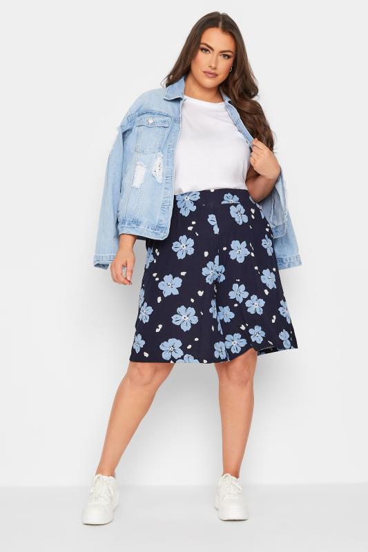 YOURS Plus Size Curve Navy Blue Floral Print Jersey Shorts | Yours Clothing  2