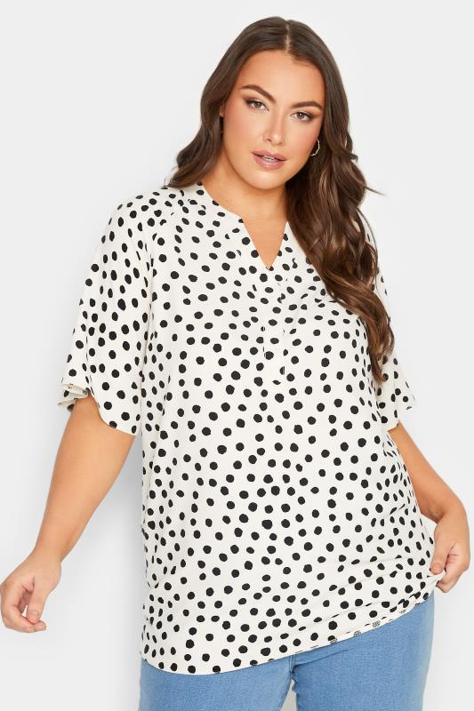 YOURS Plus Size White Polka Dot Print V-Neck Blouse | Yours Clothing 1