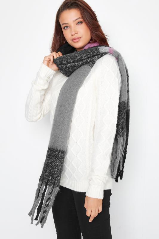 Grey & Pink Check Chunky Tassel Scarf | Yours Clothing 1