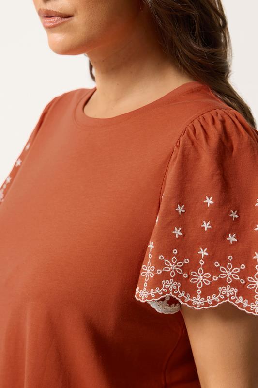 YOURS Plus Size Orange Embroidered Sleeve T-Shirt | Yours Clothing 4