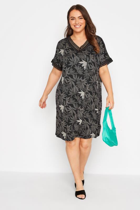 Plus Size Black Leaf Print Contrast Trim Tunic Dress | Yours Clothing 1