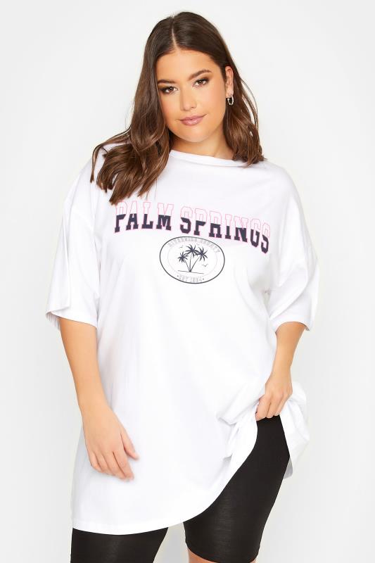 Plus Size  YOURS Curve White 'Palm Springs' Slogan Oversized Tunic T-Shirt