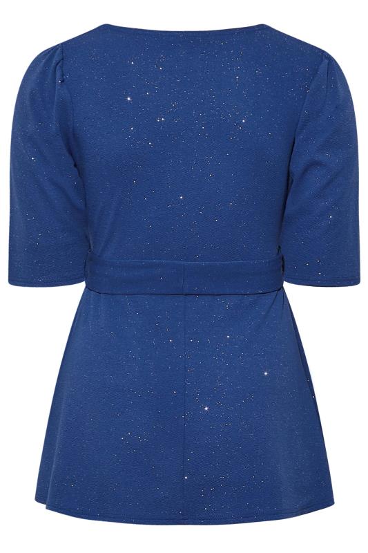 YOURS LONDON Plus-Size Curve Blue Glitter Peplum Top | Yours Clothing 7