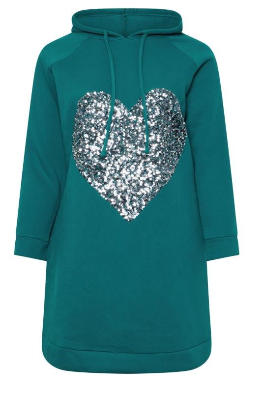 YOURS Plus Size Teal Blue Sequin Embellished Heart Hoodie Dress | Yours Clothing  5