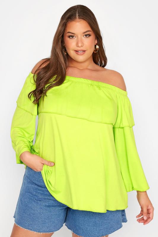 LIMITED COLLECTION Plus Size Lime Green Frill Bardot Top | Yours Clothing 4
