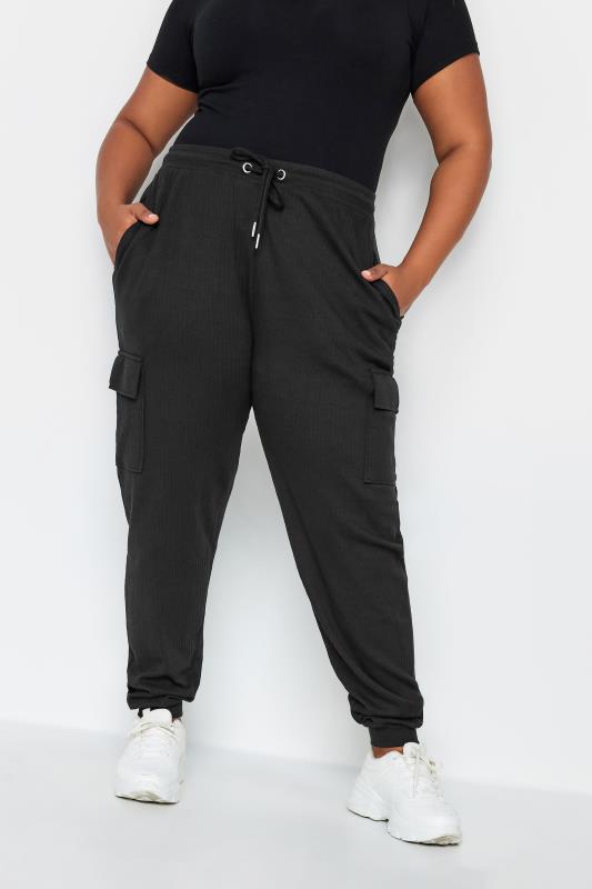 Plus Size  YOURS Curve Black Ribbed Cargo Joggers