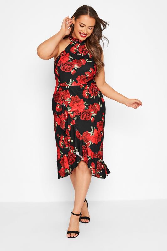 YOURS LONDON Plus Size Red & Black Floral Ruffle Bodycon Wrap Dress | Yours Clothing 2