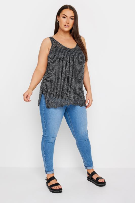 YOURS Plus Size Black & Silver Metallic Crochet Vest Top | Yours Clothing 3