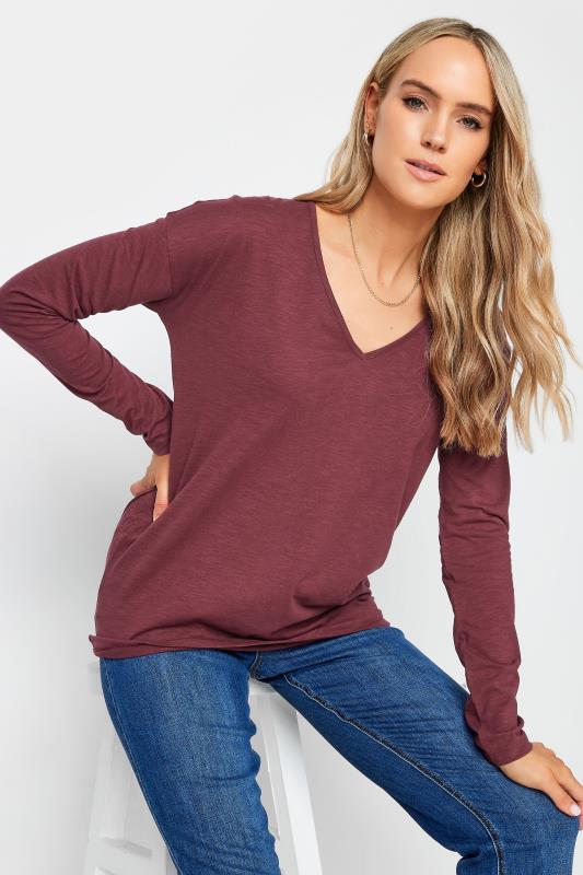 LTS Tall Berry Red V-Neck Long Sleeve Cotton T-Shirt | Long Tall Sally 4