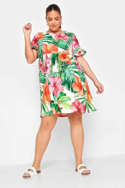 Plus Size  YOURS Curve White Tropical Floral Print Smock Tunic Dress