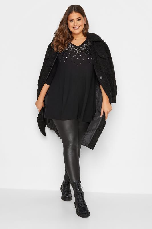 Plus Size Black Star Stud Embellished Swing Top | Yours Clothing 2