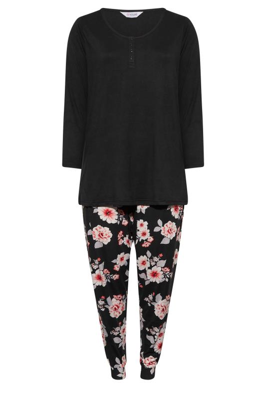 Curve Plus Size Black & Pink Floral Soft Touch Pyjama Set | Yours Clothing 6