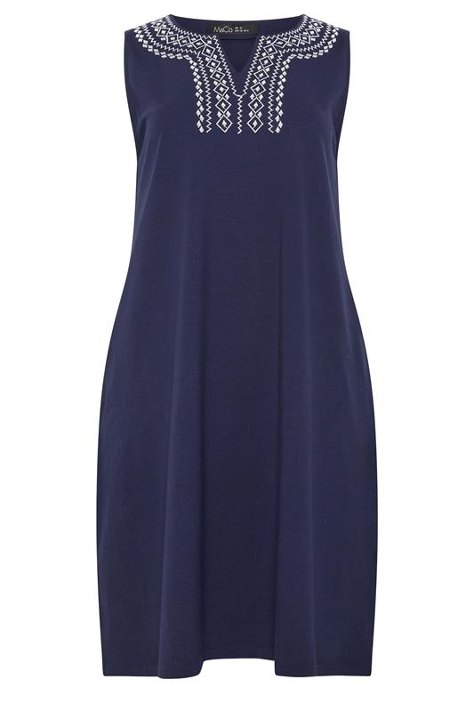 M&Co Navy Blue Embroidered Notch Neck Cotton Midi Dress | M&Co 5