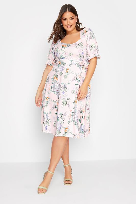  YOURS LONDON Curve Pink Floral Print Puff Sleeve Dress