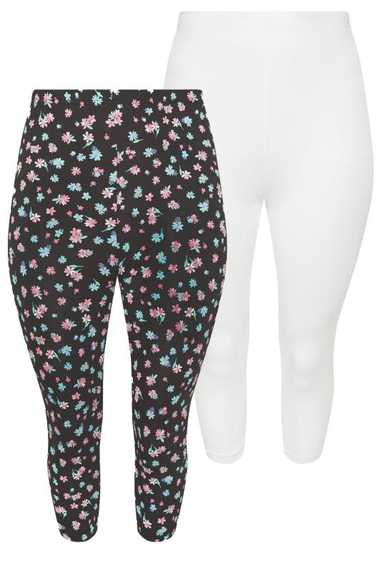 YOURS Plus Size 2 PACK Black & White Ditsy Floral Print Cropped Leggings | Yours Clothing 7